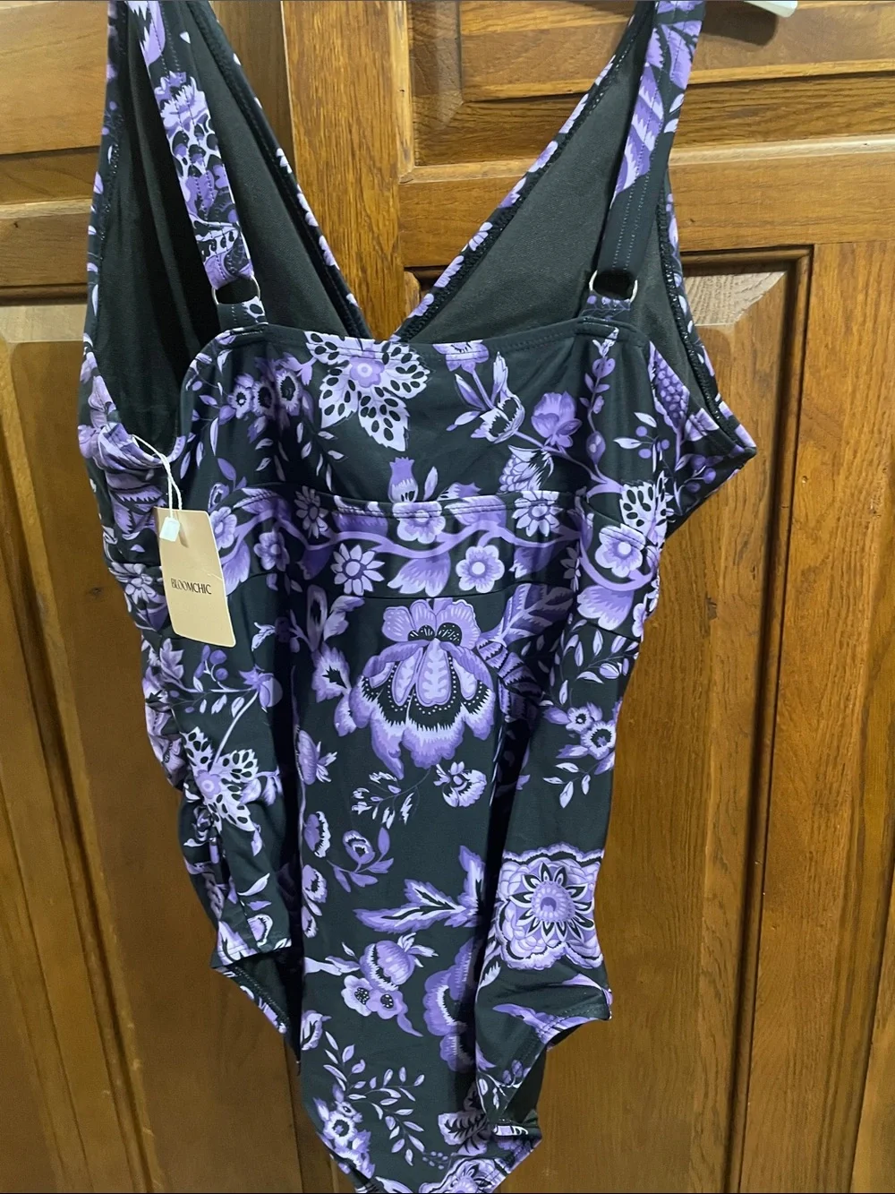 BloomChic Black &  Purple Floral V-Neck Swimsuit NWT Sz. 14/16 very pretty